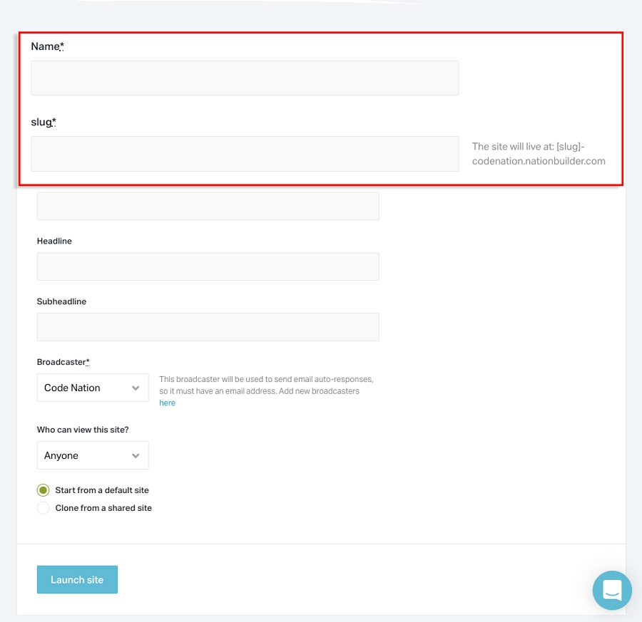 NationBuilders new site form