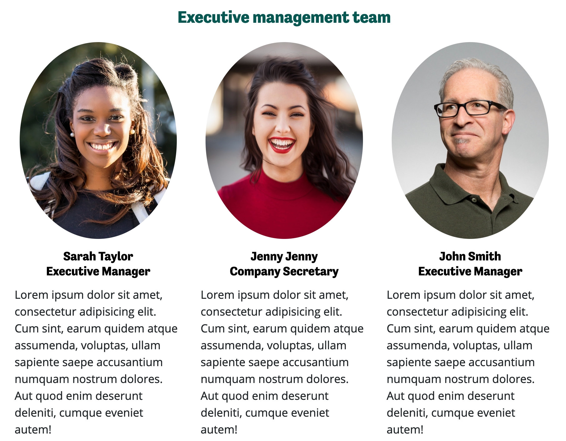 Subpages of "executive_team" page, shown on the About page.