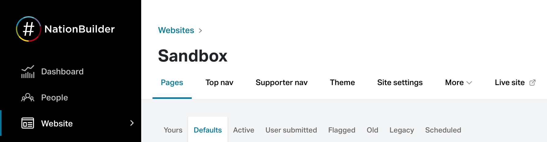 Where to find the default action pages in NationBuilder