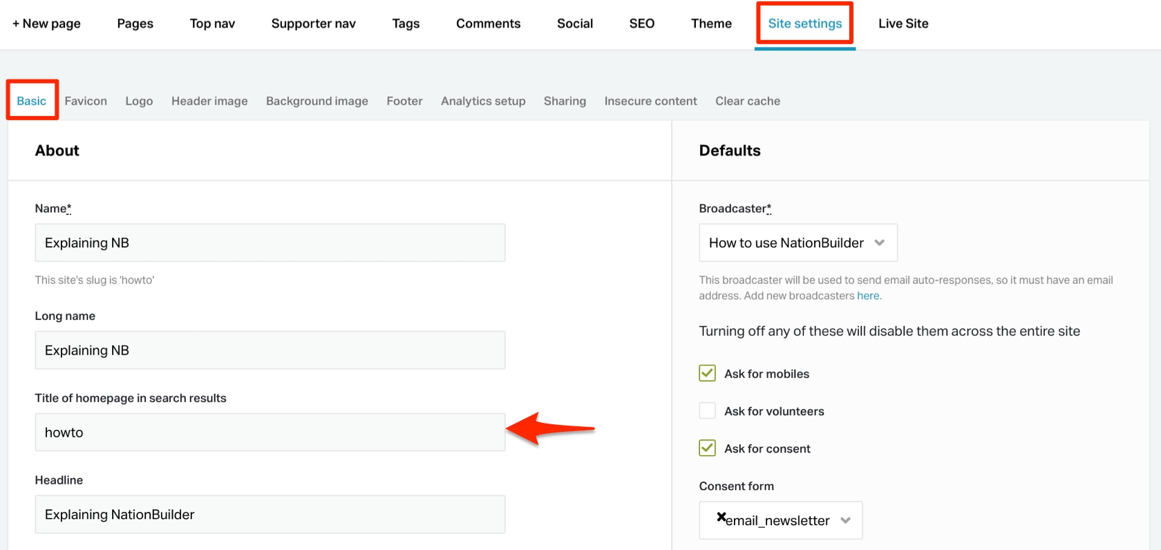 Editing the title of the homepage in search results